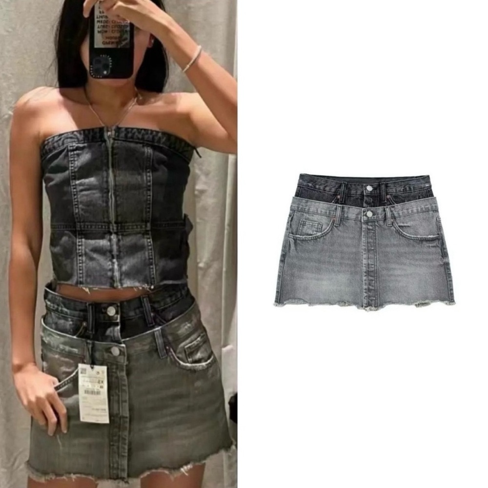 ZARA two toned gray double waistband denim Jean mini skirt size extra small